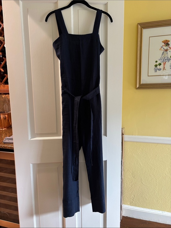 Quince Pants - Quince linen Navy Square-Neck Jumpsuit with Belt